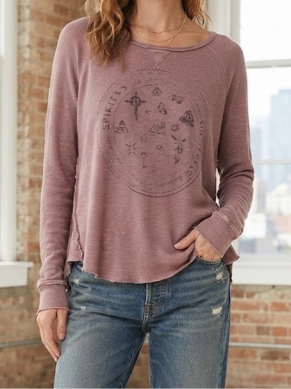 PROJECT SOCIAL T Zodiac Graphic Waffle Knit Thermal Slub Top Medium